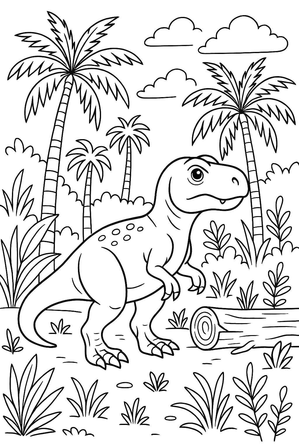 Cute dinosaur among tropical palm trees