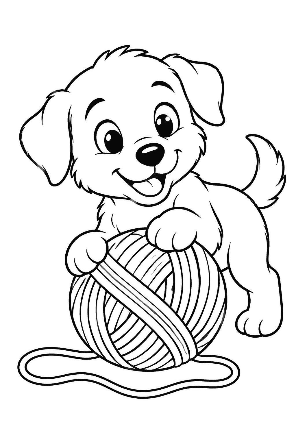Playful puppy with a big ball of yarn