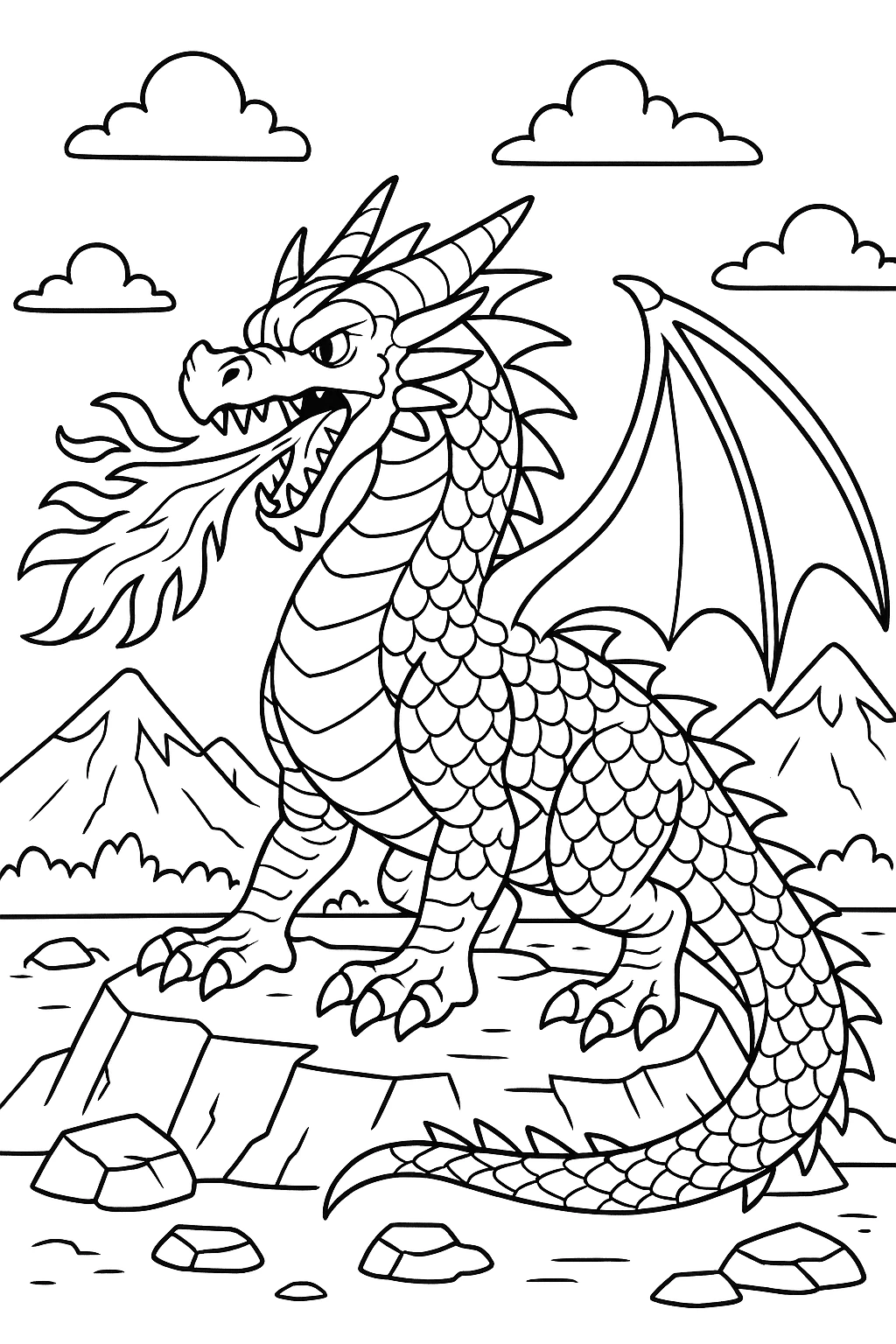 A terrifying dragon breathing fire