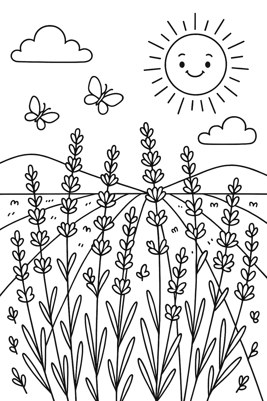 Sunny lavender field with butterflies