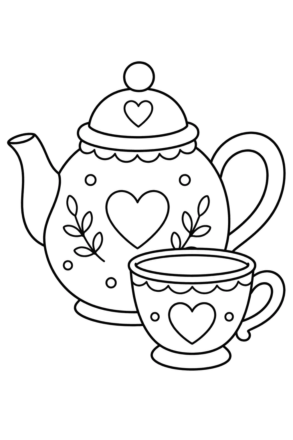 Charming teapot and teacup with heart patterns