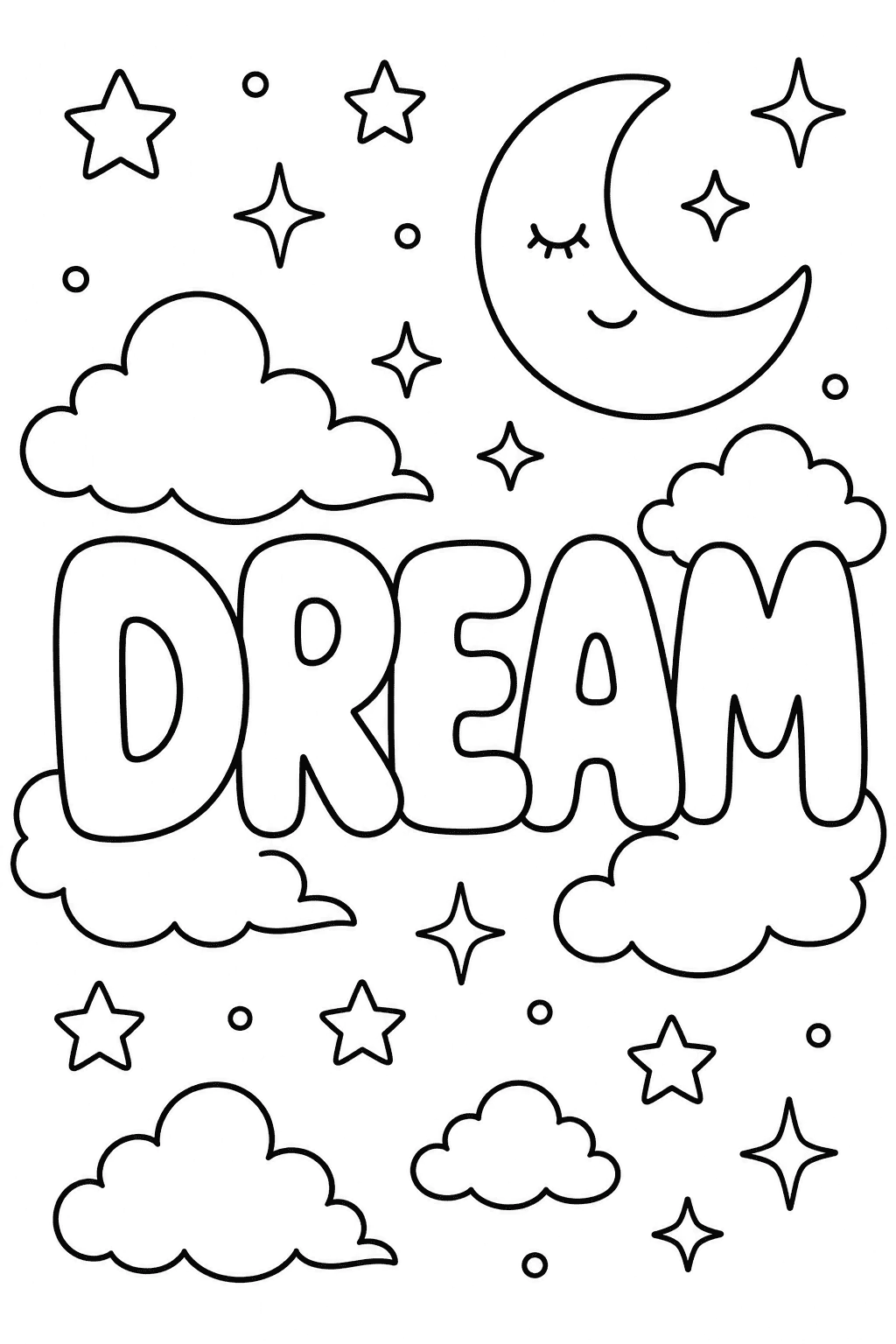 Dream lettering with stars, clouds, and a crescent moon
