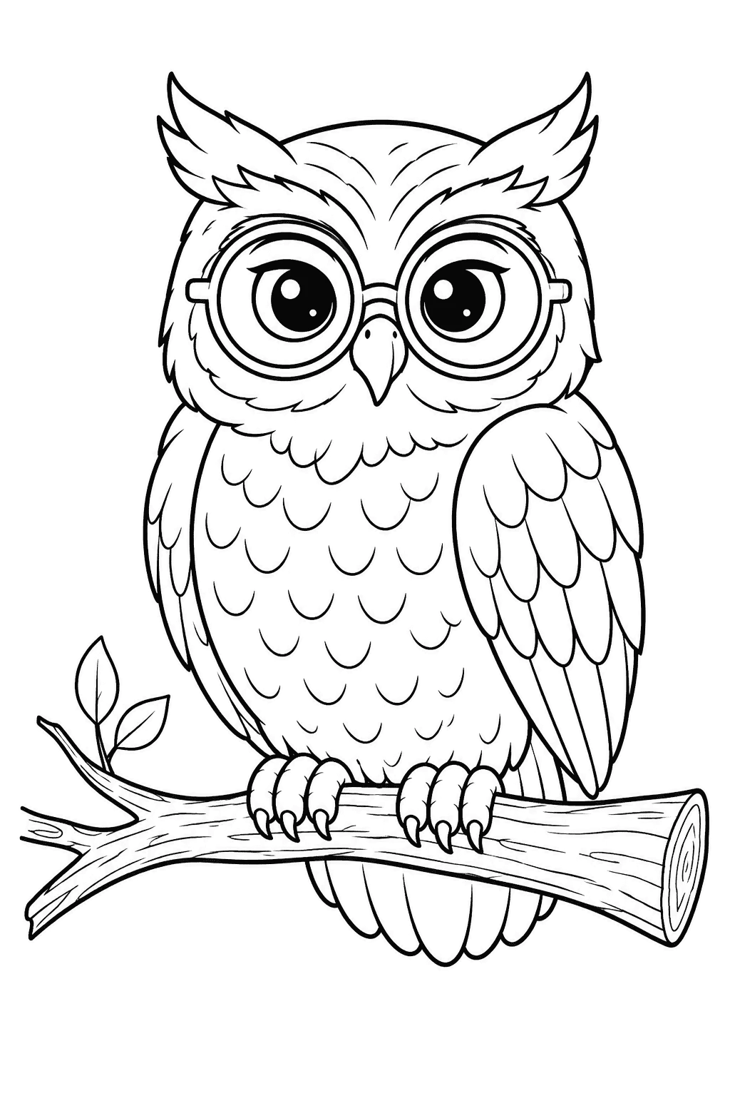 Wise owl wearing round glasses on a branch