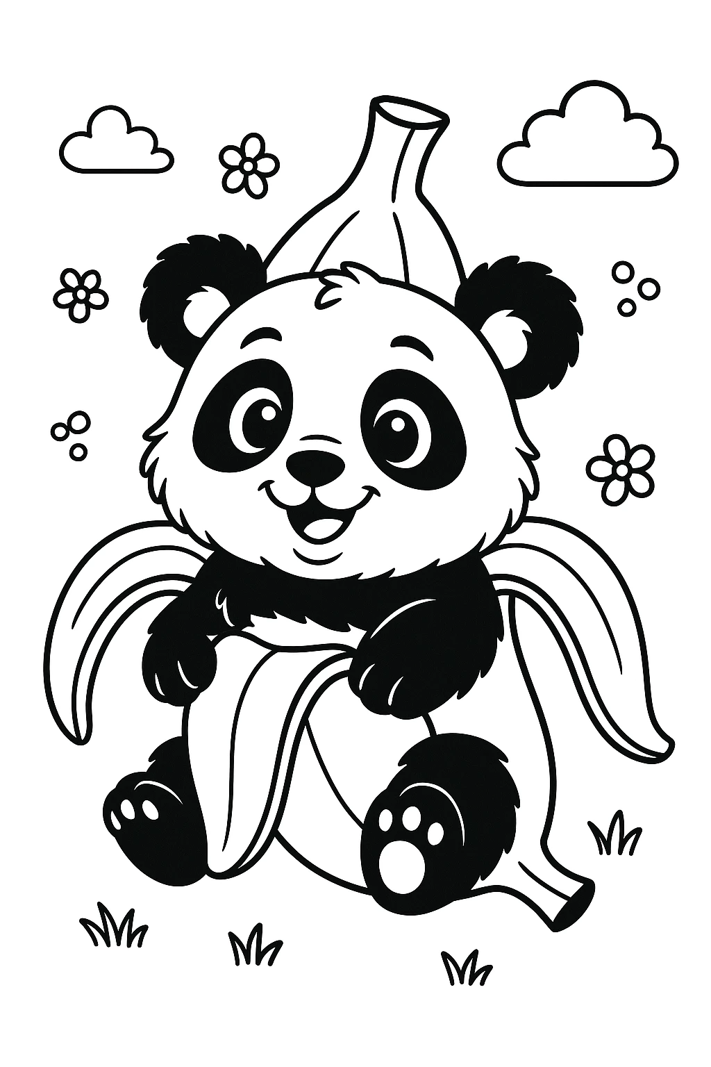 Cute panda sitting in a banana peel