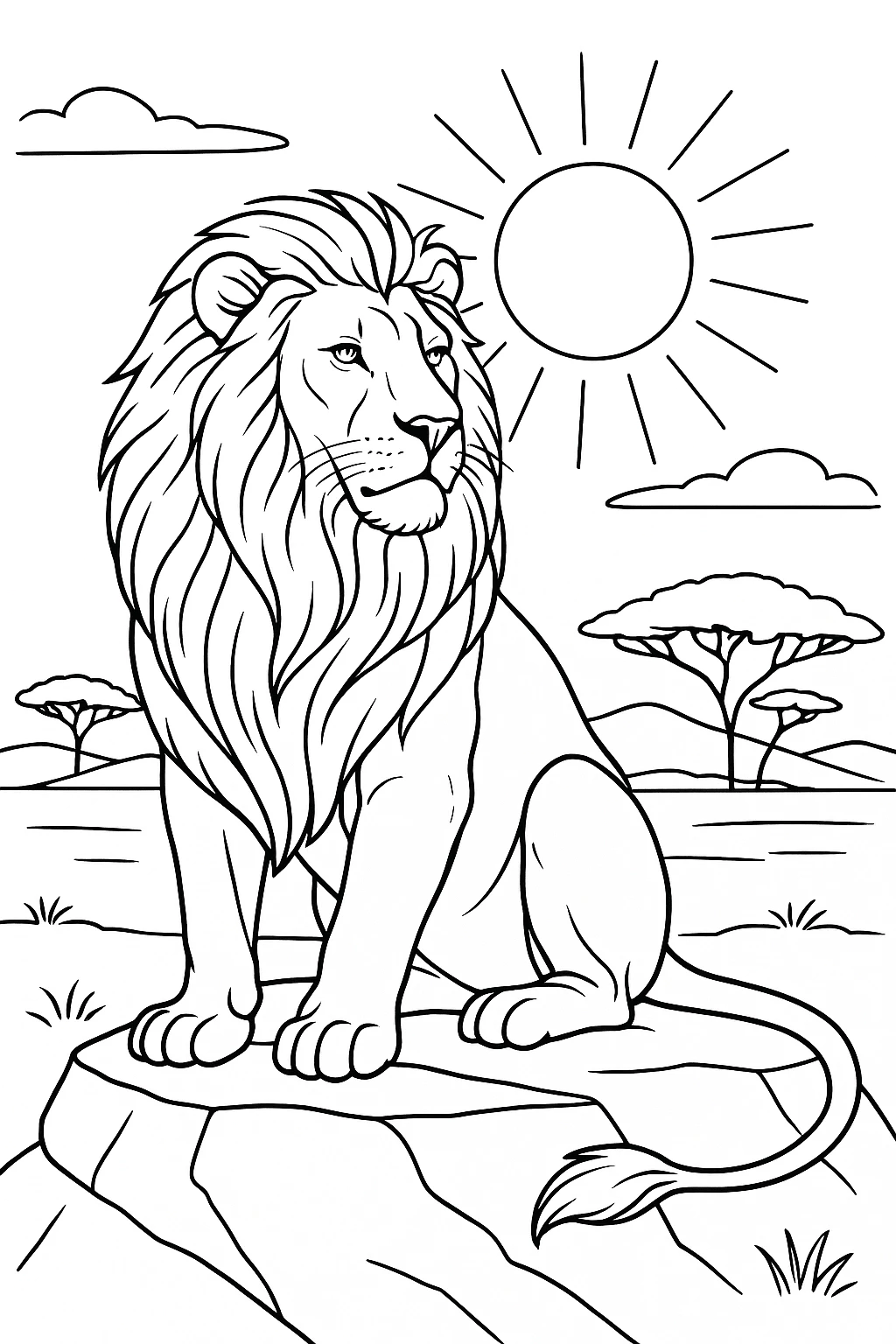 Majestic lion resting on a rock in the savanna