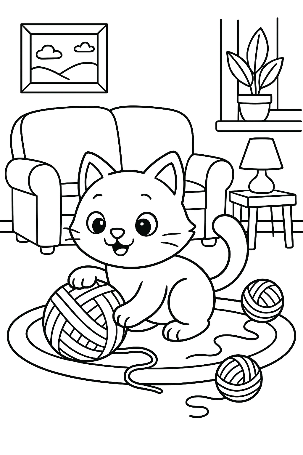 Cute kitten playing with a ball of yarn in the living room