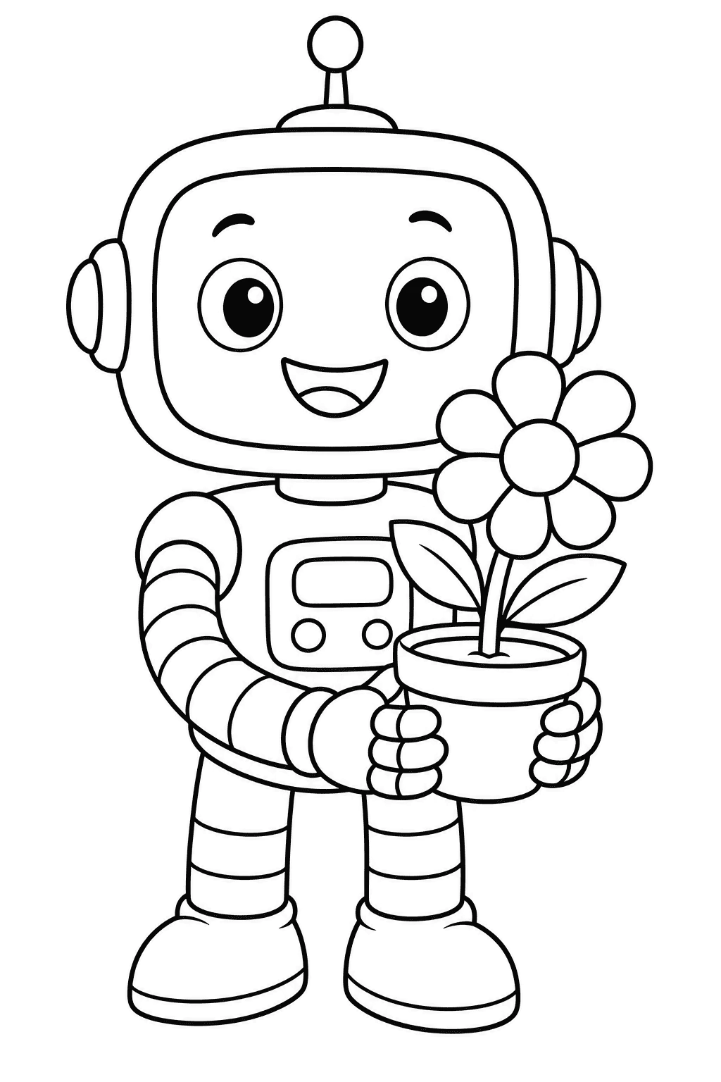 Friendly robot holding a flower pot